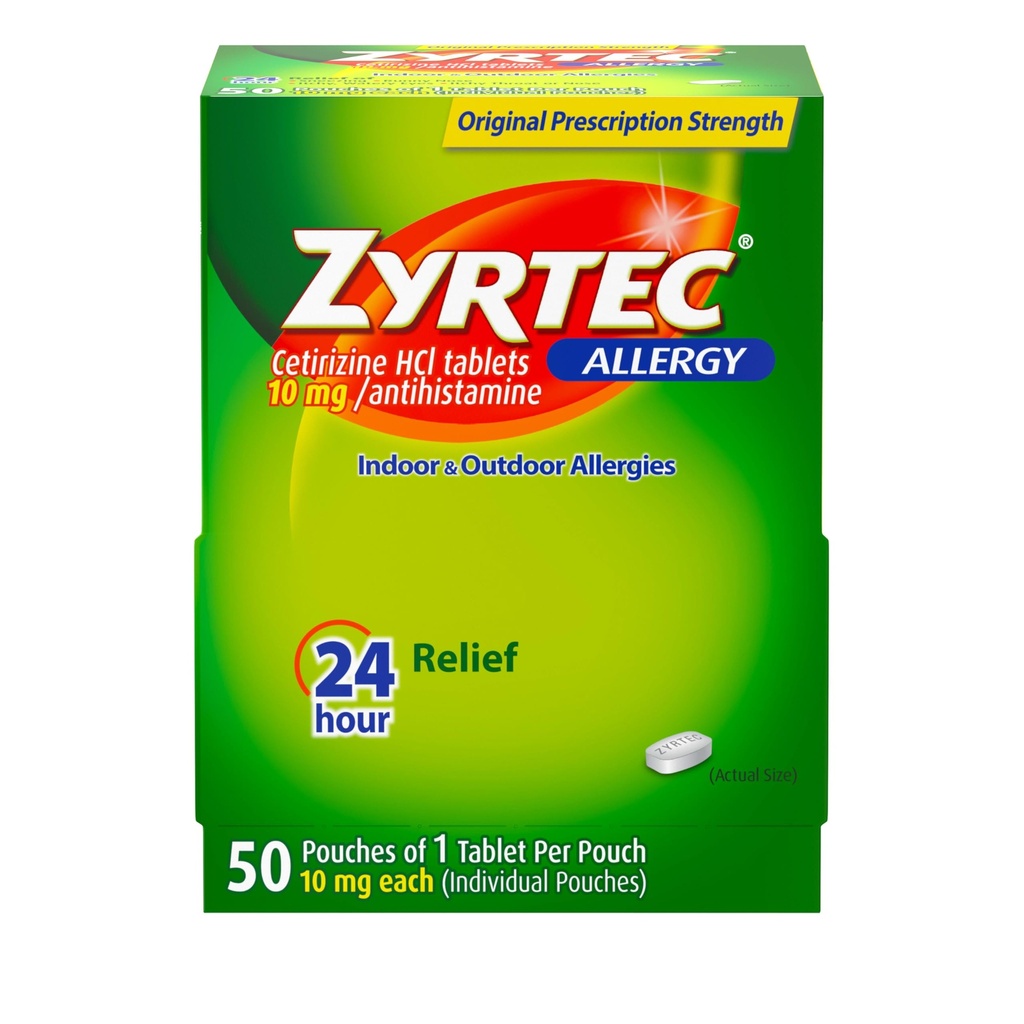 Zyrtec 24 heures comprimés antiallergiques, individuellement emballés en médecine d'allergie intérieure et extérieure avec 10 mg de HCl cétirizine par comprimé antihistaminique, 1 comprimé par emballage, 50 ct Dispensit Pack