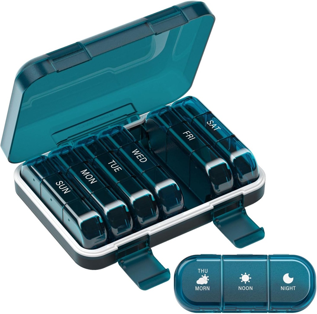 Organisateur hebdomadaire de pilules 3 fois par jour, boîte à pilules portable de 7 jours pour pilules, vitamines, huile de poisson, médicaments, suppléments (3x7 bleu)