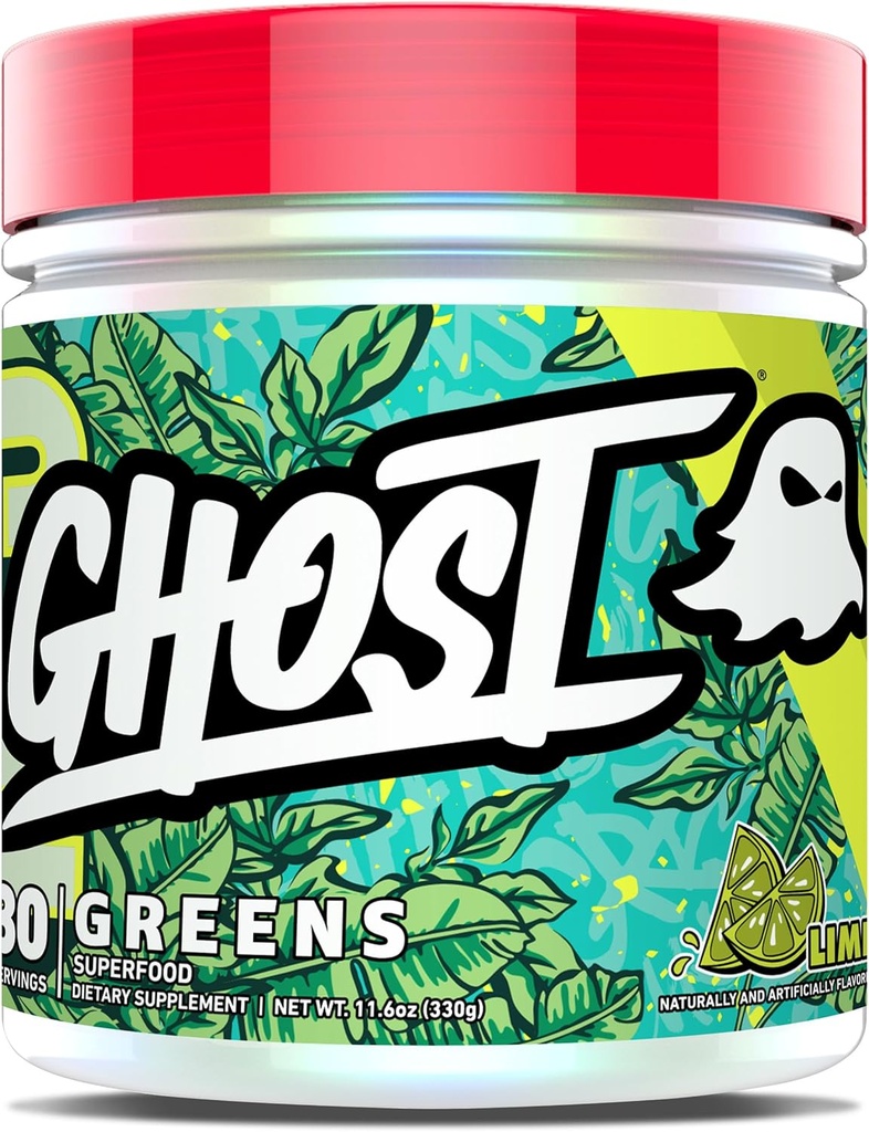 GHOST Verts Poudre, Lime - 30 portions - 19 Verts et Rouges Superfood Poudre, Fruits, Légumes, Spiruline, et Chlorelle, Prébiotiques, 10 milliards d'UFC Enzymes probiotiques et digestifs - Sans gluten