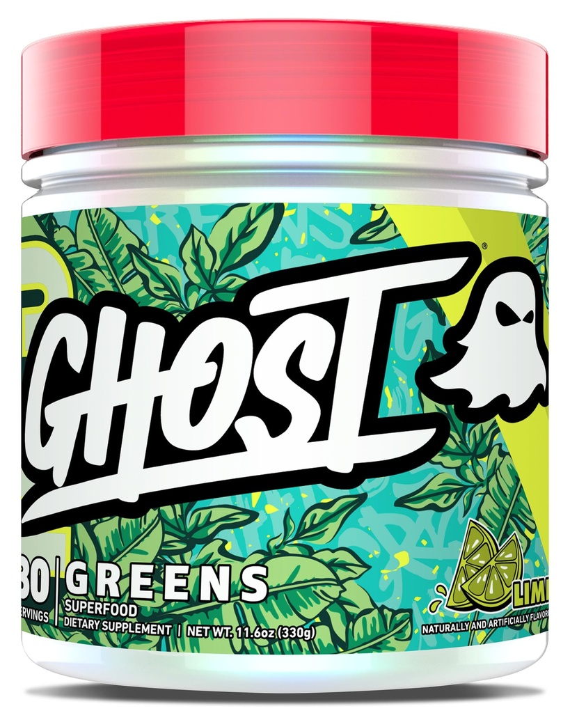 GHOST Verts Poudre, Lime - 30 portions - 19 Verts et Rouges Superfood Poudre, Fruits, Légumes, Spiruline, et Chlorelle, Prébiotiques, 10 milliards d'UFC Enzymes probiotiques et digestifs - Sans gluten