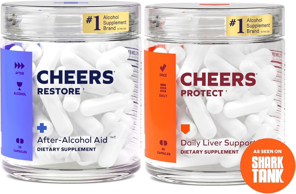 Cheers Liver Combo | Restore + Protect | Support Your Liver & Feel Better After Drinking | DHM, L-Cysteine, Milk Thistle, Prickly Pear, B-Vitamins | 12 Doses Restore, 30 Doses Protect | Supplements
