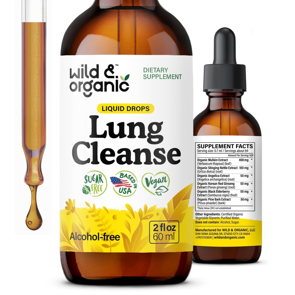 Wild & Organic Lung Cleanse Tecture - Extrait de feuille de Mullein pour poumons - Suppléments de détox à base de plantes - gouttes de Mullein végétalien, sans sucre et sans alcool - 2 fl oz