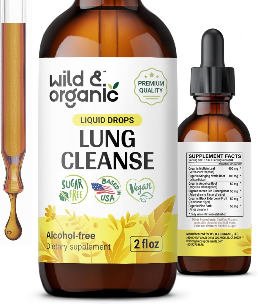 Wild & Organic Lung Cleanse Tecture - Extrait de feuille de Mullein pour poumons - Suppléments de détox à base de plantes - gouttes de Mullein végétalien, sans sucre et sans alcool - 2 fl oz