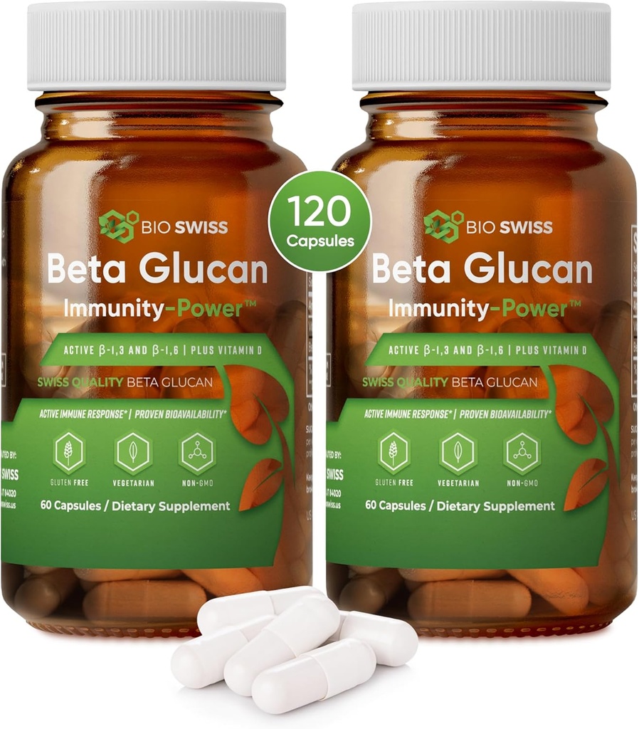 Bio Swiss Beta Glucan Immunity Power - 1,3D-1,6D Glucan avec vitamine D - Supplément de soutien immunitaire pour la défense et le bien-être améliorés - végétalien, sans gluten (120 capsules)