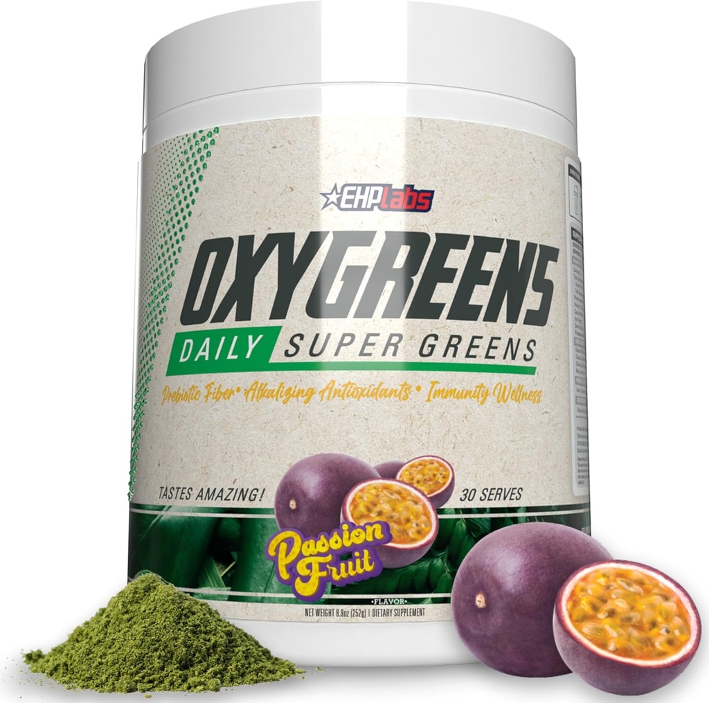 EHP Labs OxyGreens Super Greens Poudre - Spiruline et Chlorella Superfood, Poudre de jus vert et Suppléments verts avec Fibre prébiotique, Antioxydants et Immunity Support, 30 Sers (Passionfruit)