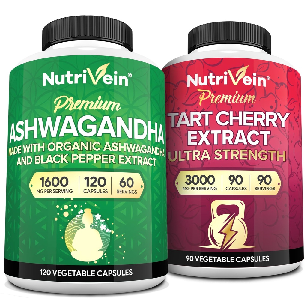 Nutrivein Premium Ashwagandha Capsules & Tart Cherry Capsules Bundle: High-Absorption Tart Cherry Extract and Ashwagandha Supplements for Recovery, Balance, and Vitality
