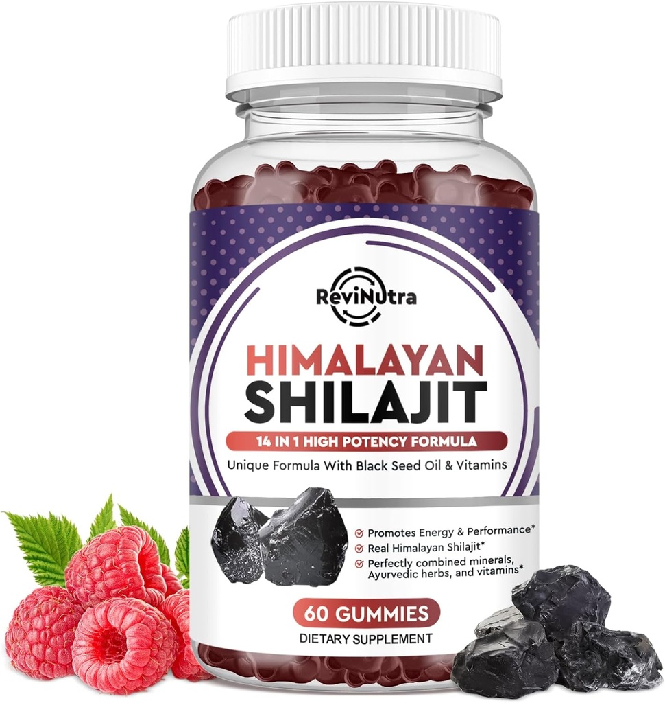 Shilajit Gummies - Himalayan Organic Shilajit Complement 14-en-1 Complexe avec huile de graines noires et mélange d'herbes ayurvédiques, acide fulvic pour les hommes et les femmes - pour le soutien énergétique, cognitif et immunitaire