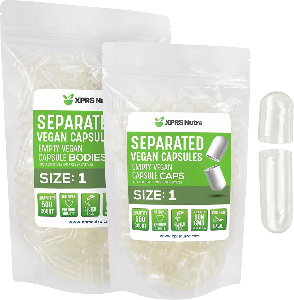 XPRS Nutra Vegan Taille 1 Capsules séparées - 500 Compte Capsules vides Premium Séparées dans des sacs - Pills claires 1 Vide pour le remplissage de supplément de bricolage