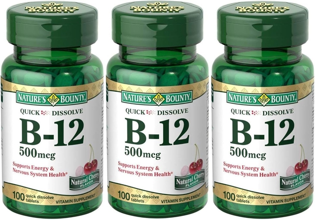 Bounty de la nature B-12 Dissoudre rapidement les comprimés 500 Mg, 300 comprimés (3 x 100 bouteilles de comptage)