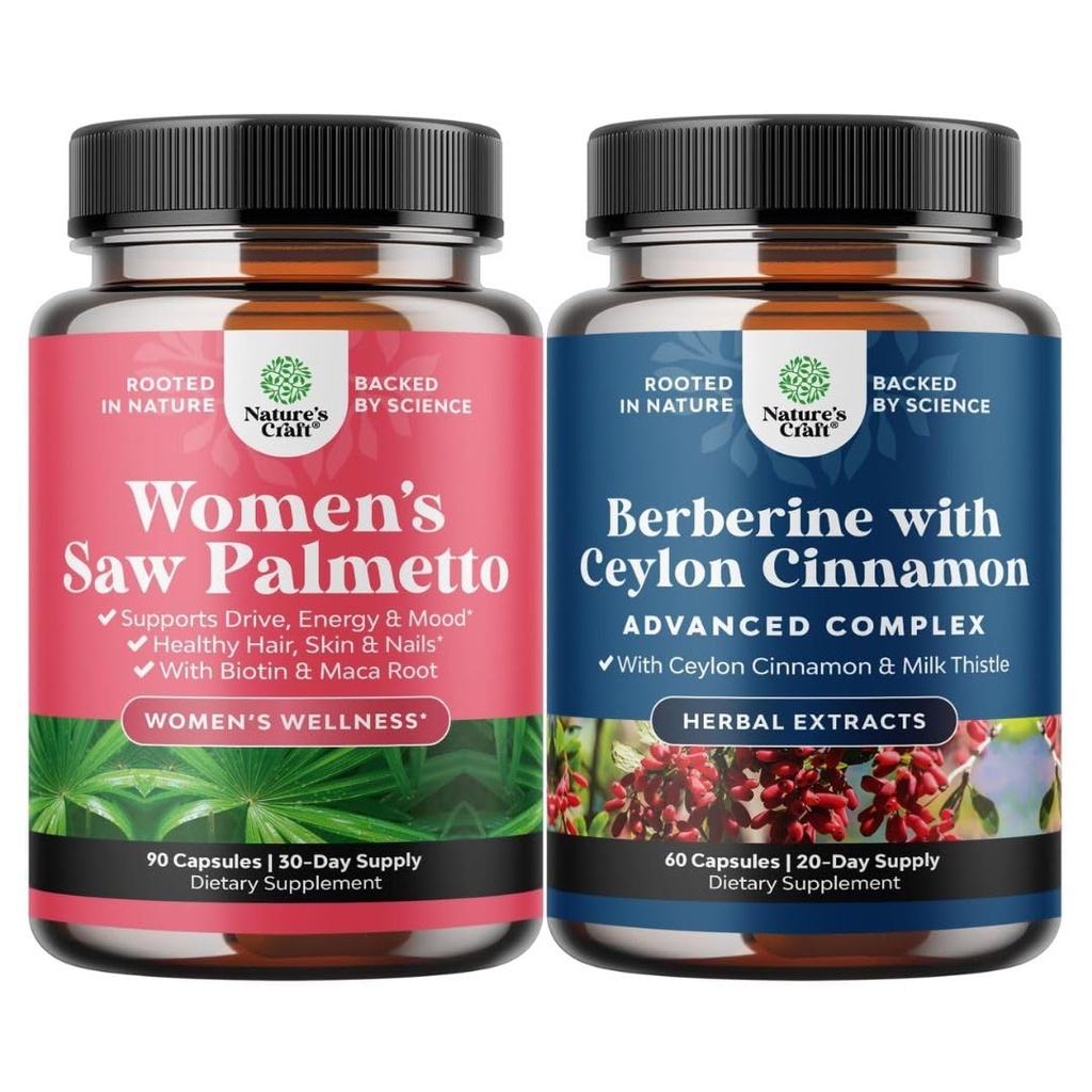 Ensemble de Palmetto de scie extra-fort pour les femmes et l'équilibre Berberine Plus 1200mg Complexe - DHT Blocker épaississant les vitamines capillaires pour la perte de cheveux - Berberine antioxydante avec Capsules de cannelle Ceylan
