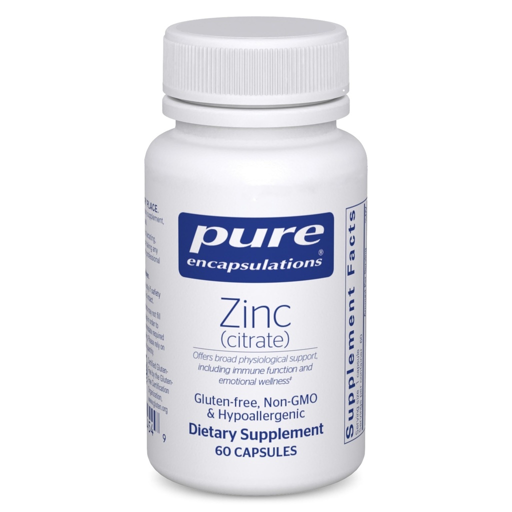 Encapsulations pures Zinc (Citrate) - pour système immunitaire, développement tissulaire et métabolisme* - Supplément minéral avec enzymes - Zinc hautement absorbant - Vegan & Non-OGM - 60 Capsules