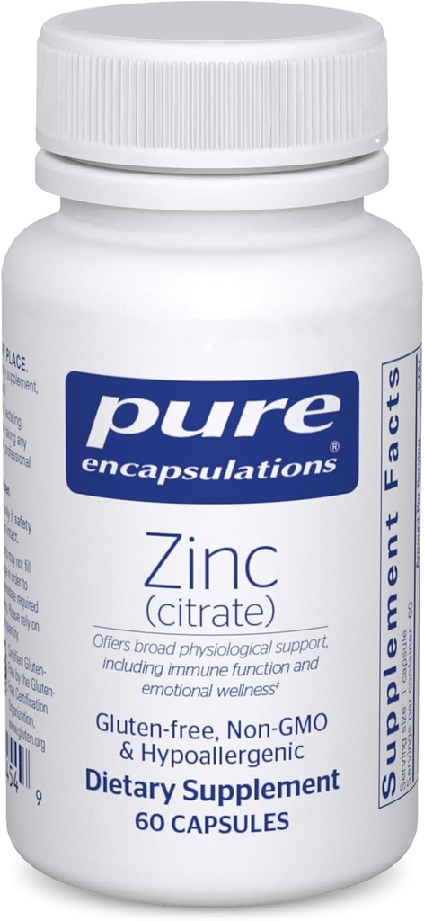 Encapsulations pures Zinc (Citrate) - pour système immunitaire, développement tissulaire et métabolisme* - Supplément minéral avec enzymes - Zinc hautement absorbant - Vegan & Non-OGM - 60 Capsules