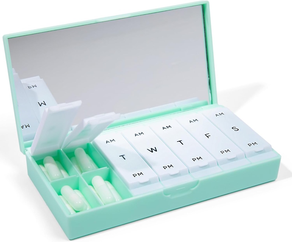 PORT X POLISH Designer Organisateur hebdomadaire de boîtes à pilules (AM/PM 2X Daily, Menthe)