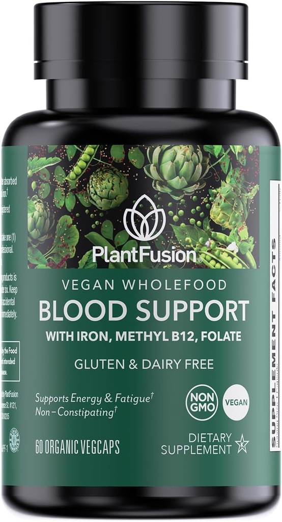 PlantFusion supplément de fer végétalien pour les femmes et les hommes - Fer doux à base de plantes avec vitamine C, méthyl B12, Folate - Non constipant, Pills de fer entier pour l'énergie, l'anémie et le soutien du sang, 60 capsules
