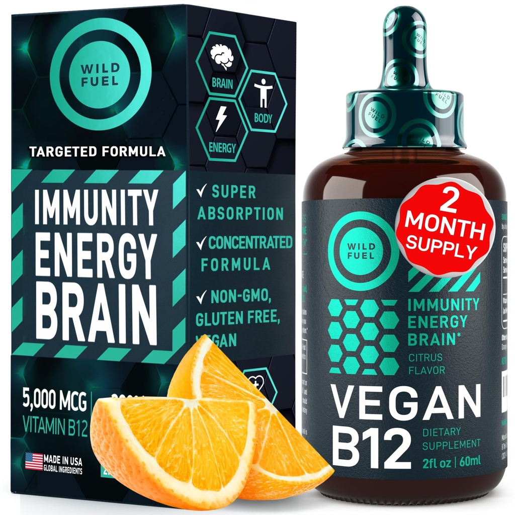 Vitamine végétalienne B12 gouttes liquides - A action rapide B12 Sublingual 5000 mcg supplément méthylcobalamine - Soutien de l'énergie, de la mémoire et de l'humeur - Dépouillement unique par jour à haute puissance - Saveur naturelle d'agrumes - 2oz