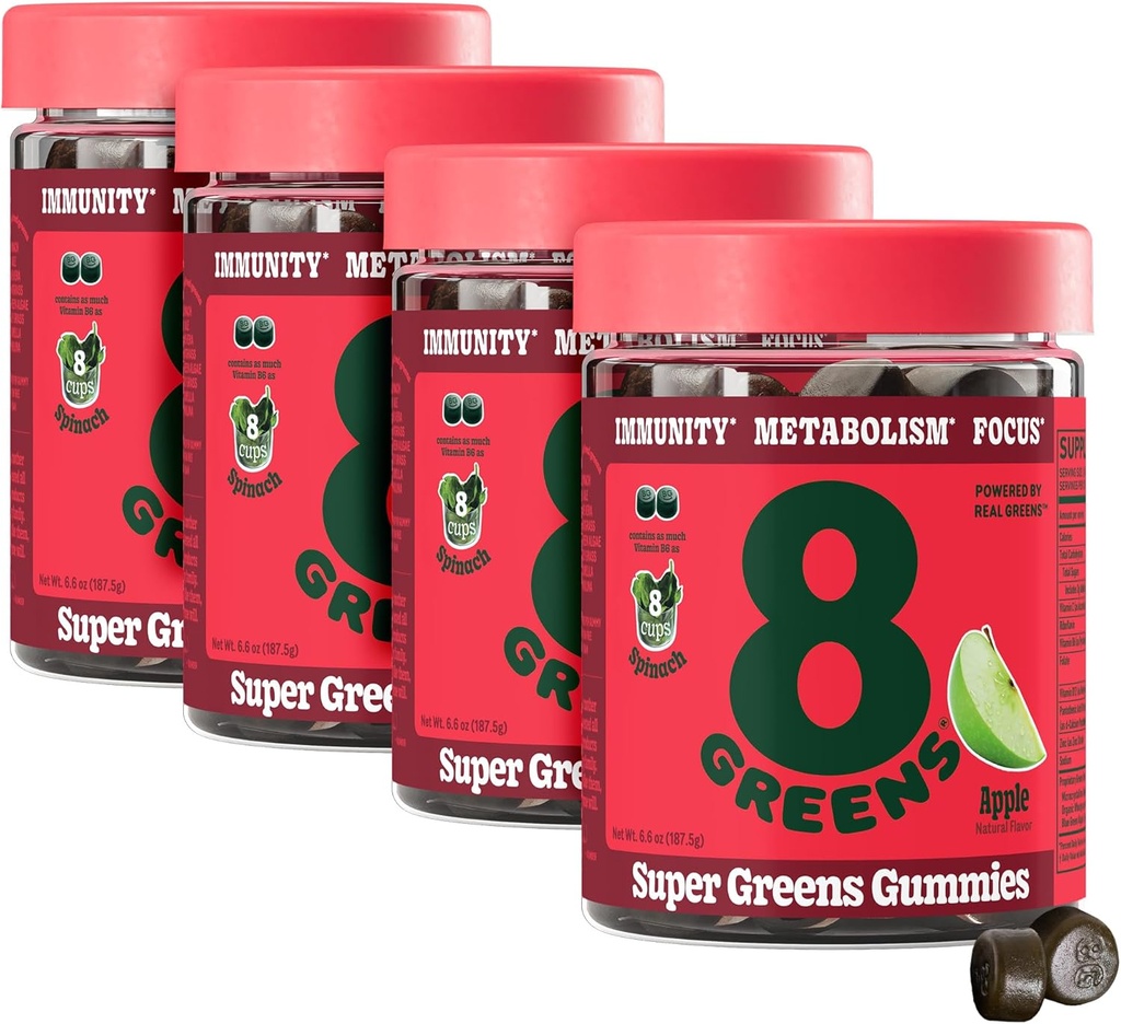 8Greens Supergreens Gummies Super Greens Poudre Superfood Gummy pour le métabolisme, l'immunité et le focus, enzymes de santé digestive, biologique: Chlorella, Spiruline, Aloe Vera, Apple Flavor, 200 Comte