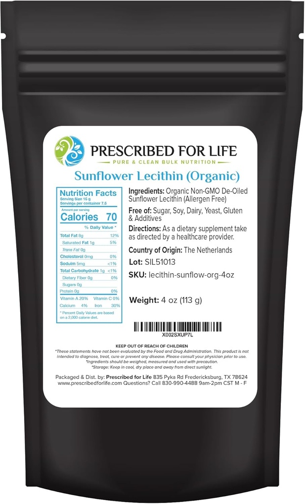 Prescripted For Life Poudre de lécithine de tournesol biologique, naturel, sans gluten, végétalien, non OGM, sans soja, sans casher, supplément de lécithine riche en acides gras essentiels et choline (4oz / 113g)