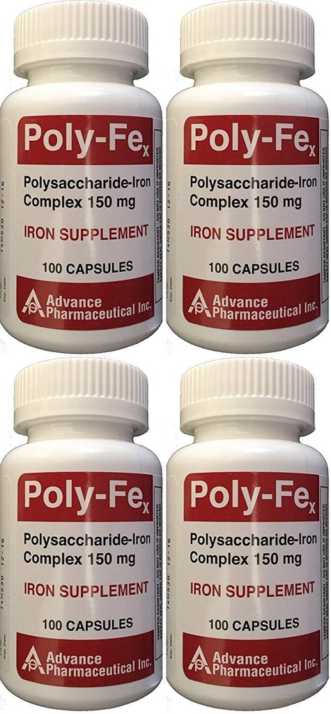 Polysaccharide Iron Complex 150 mg Capsules Iron Supplément 100 Capsules par boîte de bouteille de 4 Total 400 Capsules