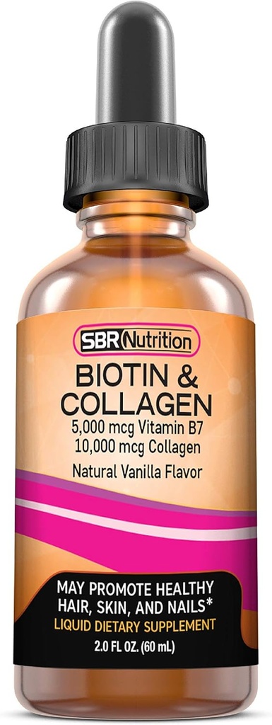 SBR Nutrition Biotine et Collagen Liquid Supplément diététique quotidien, vitamines pour la croissance et l'épaississement des cheveux, santé de la peau et force des ongles, 2 oz (60mL)