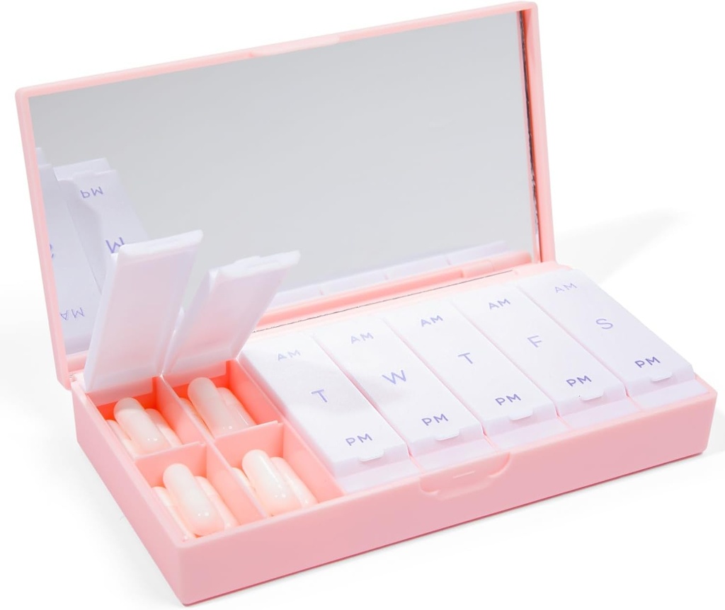 PORT X POLISH Designer Organisateur hebdomadaire de boîtes à pilules (AM/PM 2X Daily, Blush Pink)