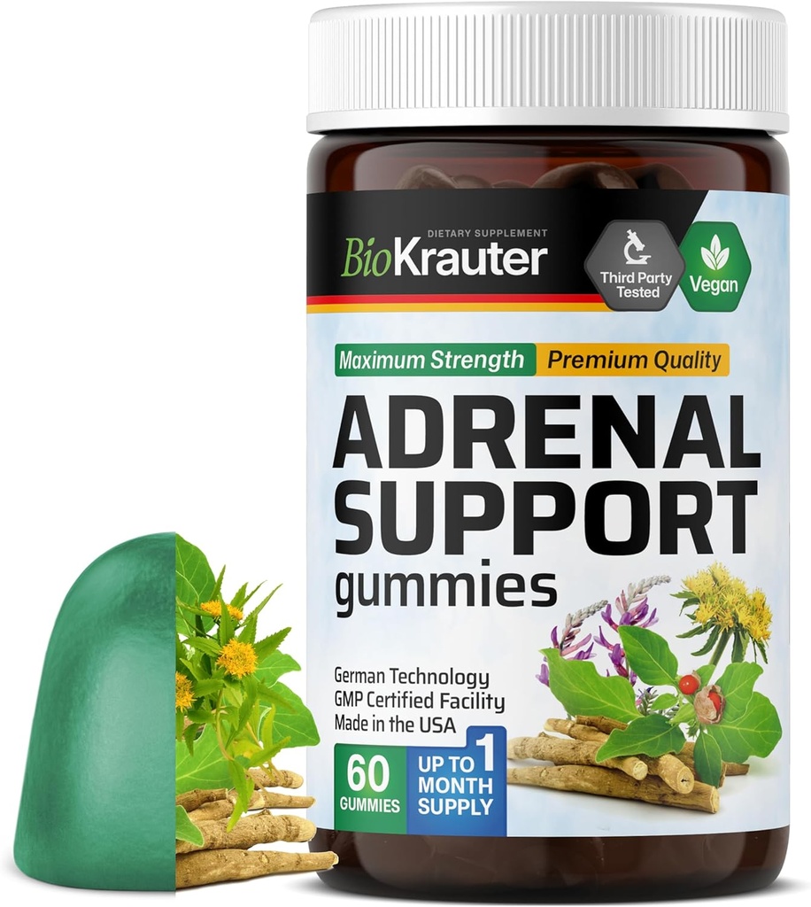 BIO KRAUTER Gummies de soutien adrénal - 60 Chews - Rhodiola et Ashwagandha Gummies avec vitamines C, B6, B12 - Supplément de soutien de l'humeur végétalienne