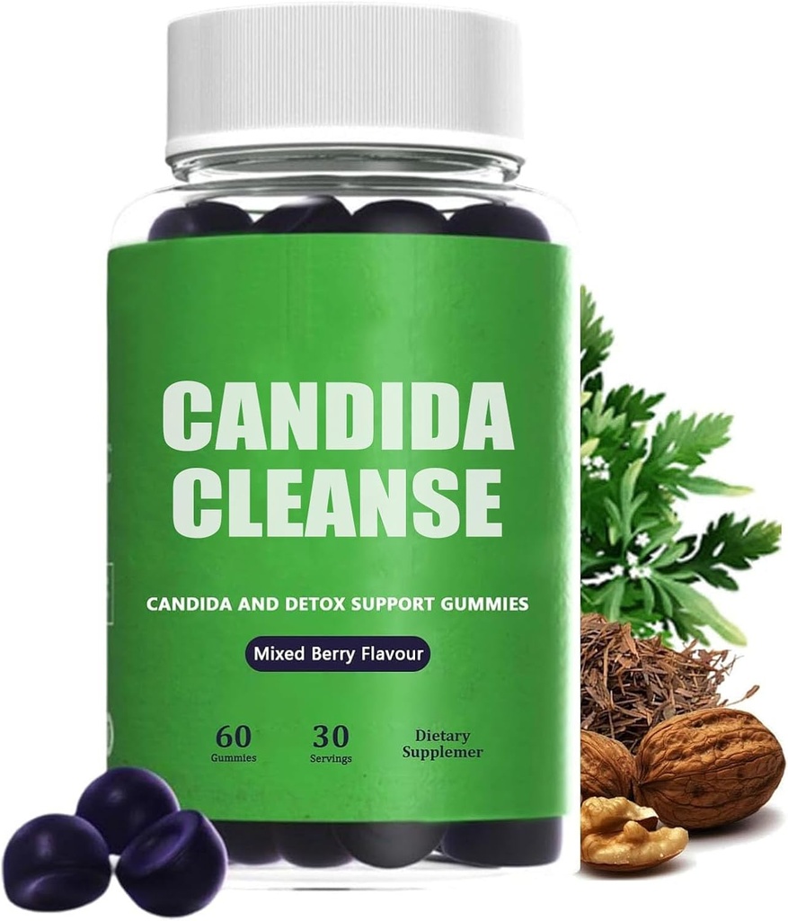 Candida Cleanse, Candida et Detox Support Gummies, 10-en-1 Formule avancée avec Noix Noire, PAU D'Arco & Wormwood, Non-OGM 60 Gummies