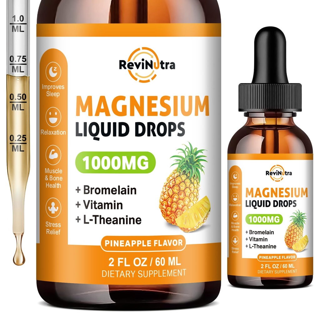 Glycinat de magnésium gouttes liquides, 1000mg de supplément complexe de magnésium liquide pour le sommeil, Nerve, énergie, muscle, os, calme et digestion, haute absorption, 2 Fl Oz, saveur d'ananas sans sucre