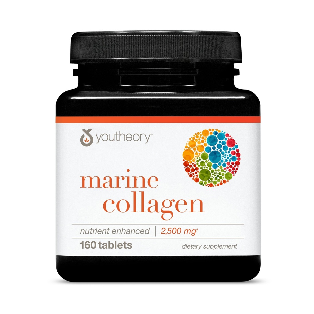 Youtheory Marine Collagen - 2 500 mg - Supporte les comprimés articulaires, ongles, cheveux, peau, os et muscles* - avec les acides aminés, minéraux et vitamines C, A, E, B6 et B12-160 (approvisionnement de 32 jours)