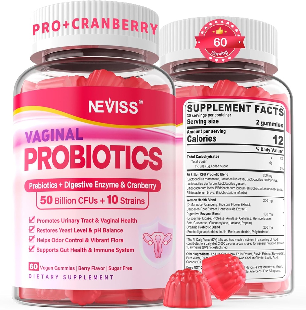 Vaginal Probiotics Gummies for Women PH Balance, Odor Control with Prebiotics, Cranberry, D-Mannose, Promotes Feminine Healthy Vaginal Flora, Urinary Tract, Yeast, Digestive Support, Sugar Free,120Cts