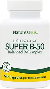 Natures Plus Super B50-90 Capsules végétariennes - Supplément de vitamine complexe à haute puissance B - Booster cerveau et énergie - Sans gluten - 90 portions