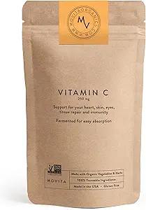 Movita Vitamine fermentée C 250mg – Immunity Booster, Antioxydant Protection, Aides Collagène Synthèse et Absorption de Fer – Organique, Vegan, Sans gluten, Non-OGM – 30 jours d'approvisionnement (Eco-Friendly Pouch)