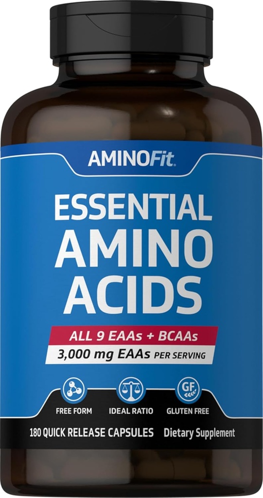 Piping Rock Essential Amino Acids Supplement $ 3000mg $ 180 Capsules $ Mélange complexe pour hommes et femmes $ EAA et BCAA $ Non-OGM, sans gluten $ par les laboratoires de fitness
