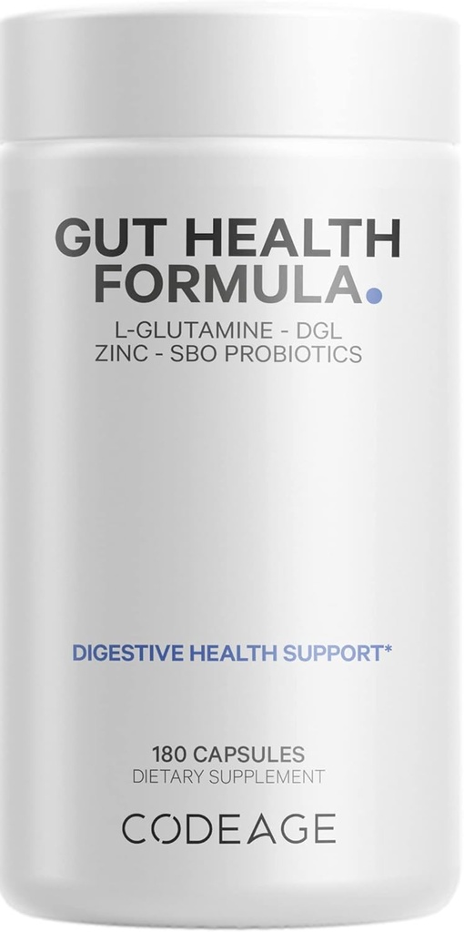 Codeage Gut Health Supplements Vegan Formula - L Glutamine, Zinc, Turkey Tail Mushroom Powder, Tonic Mushroom, Maitake, Micro Algae, Mineral, Licorice Root DGL - Probiotics, Prebiotics - 180 Capsules