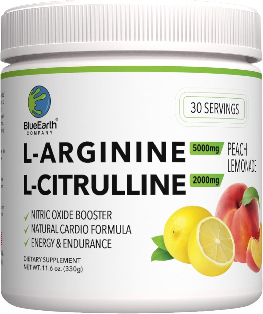 L-Arginine 5000mg + L-Citrulline 2000mg Supplément en poudre complexe - Booster à oxyde nitrique - Santé cardiaque, flux sanguin, énergie et endurance - 30 portions (Lémonade de pêche)