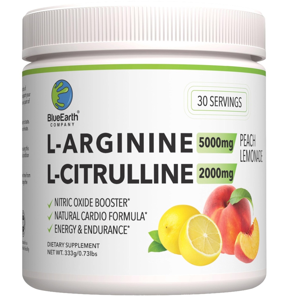 L-Arginine 5000mg + L-Citrulline 2000mg Supplément en poudre complexe - Booster à oxyde nitrique - Santé cardiaque, flux sanguin, énergie et endurance - 30 portions (Lémonade de pêche)