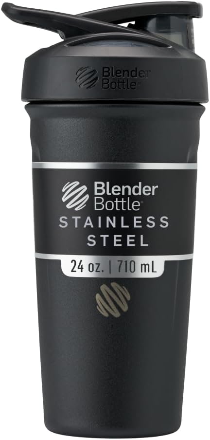 Bouteilles de mélange Strada Shaker Cup Bouteille d'eau en acier inoxydable isolée avec fouet en fil, 24-Ounce, noir