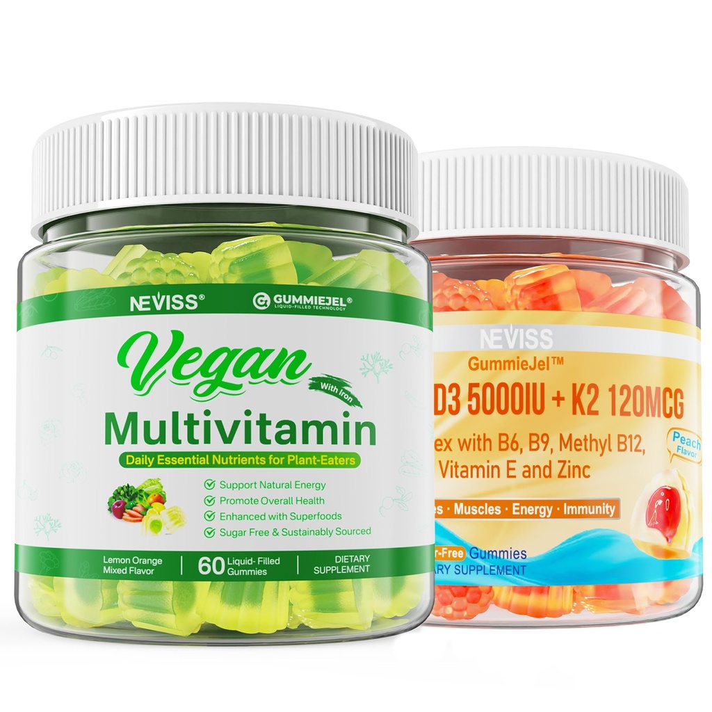 NEVISS Vitamine D3 5000IU + K2 (MK-7) 120mcg avec multivitamine végane pour les hommes avec fer, vitamine B12, A, D3, K2, Algae Omega 3, Magnésium, Zinc