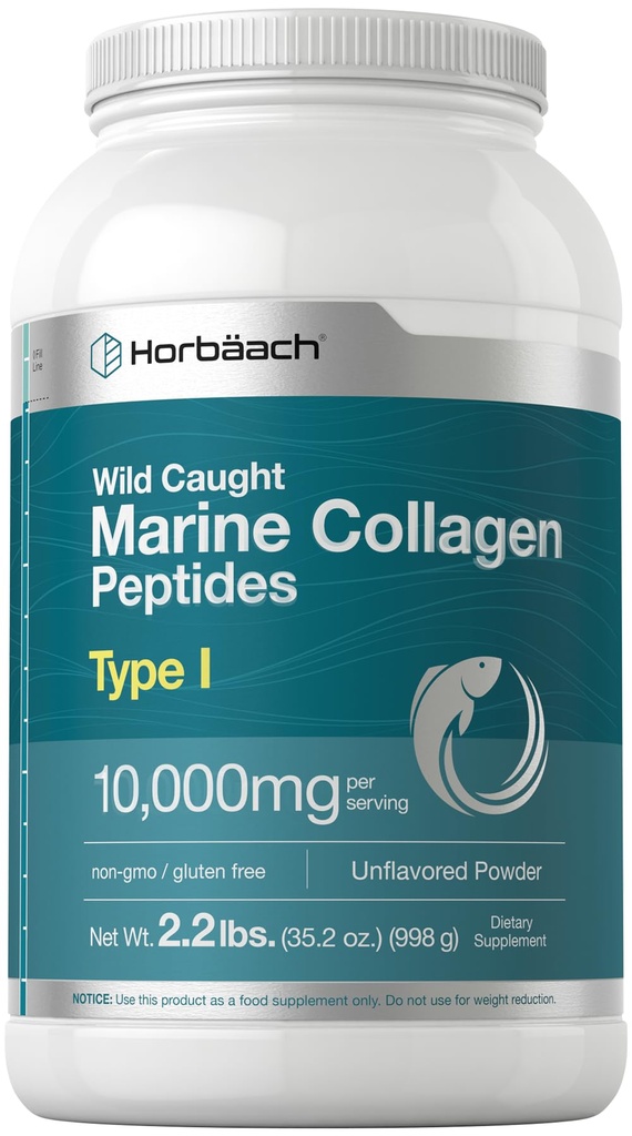 Poudre de peptides de collagène marin Horbäach 2,2 lb pour la peau, les cheveux et les ongles de type I Collagène de poisson hydrolysé