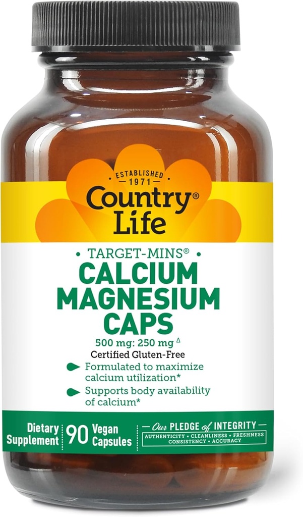 Country Life Cible-Mins Complexe de magnésium de calcium - 1000mg Calcium, 500mg Magnésium, Supplément sans gluten pour la santé des os