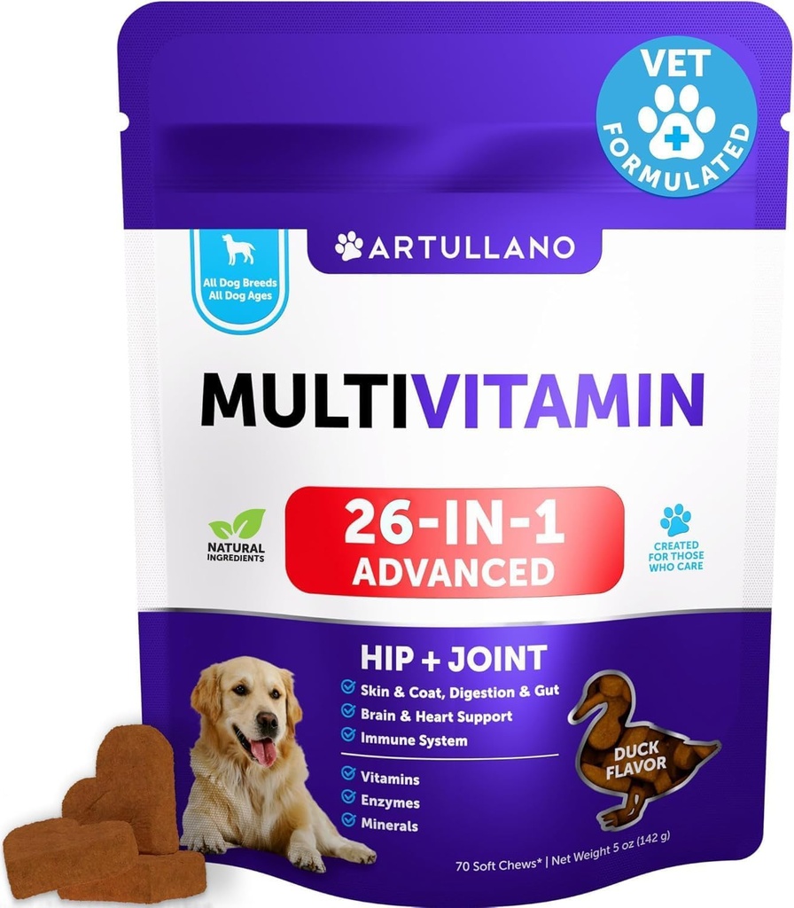 26 in 1 Dog Multivitamin with Glucosamine - Chewable Dog Vitamins and Supplements - Senior & Puppy Multivitamin Chews for Pet Hip & Joint Support, Immunity, Mobility, Skin, Digestion - 70 Soft Treats