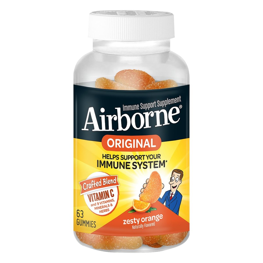 Vitamine C aéroportée 750mg (par portion) Gummées aromatisées d'orange zeste (63 Compter dans une bouteille), Supplément de soutien immunitaire sans gluten avec vitamines A C E, Sélénium, Echinacea & Ginger