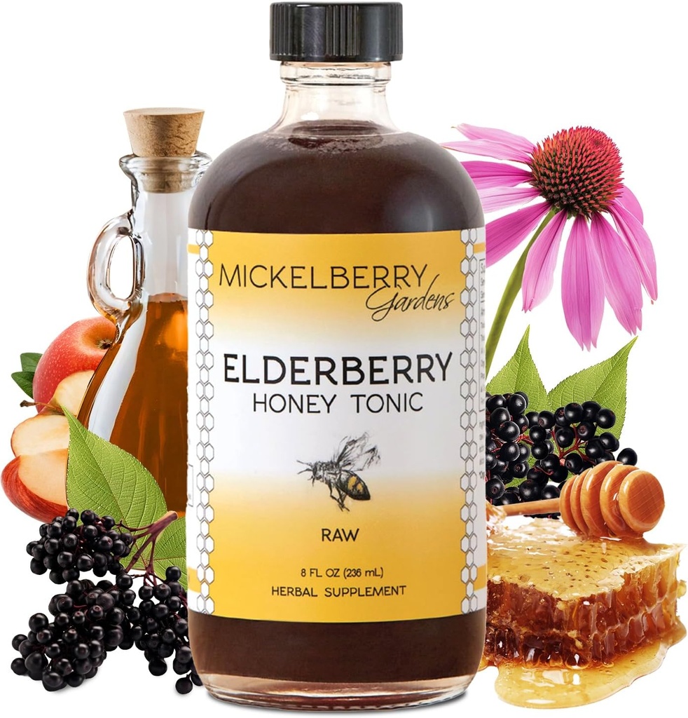 Mickelberry Gardens Elderberry Honey Tonic, Sambucus Sirup, Black Elderberry - Soutien immunitaire aux adultes et aux enfants (8 Ounces)