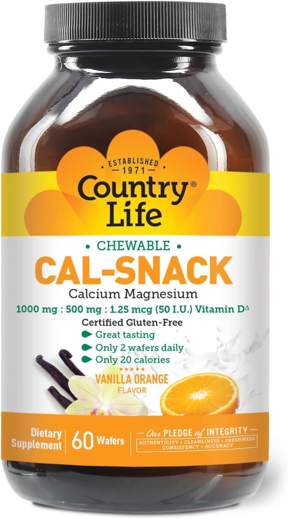 Country Life Cal-Snack, Calcium à croquer, Magnésium avec vitamine D, 1000mg/500mg/50 UI, Sans laiterie, Vanilla Orange Flavor, 60 Wafers, Certifié sans gluten, Vegan certifié