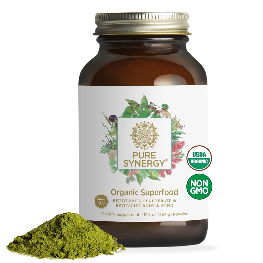 PURE SYNERGY Poudre de super-aliments biologique de la poudre de super-aliments vert de la poudre de nourriture entière avec les verts biologiques, la spiruline et les champignons de l'énergie, le vieillissement en santé et la santé immunitaire (12,5 oz)