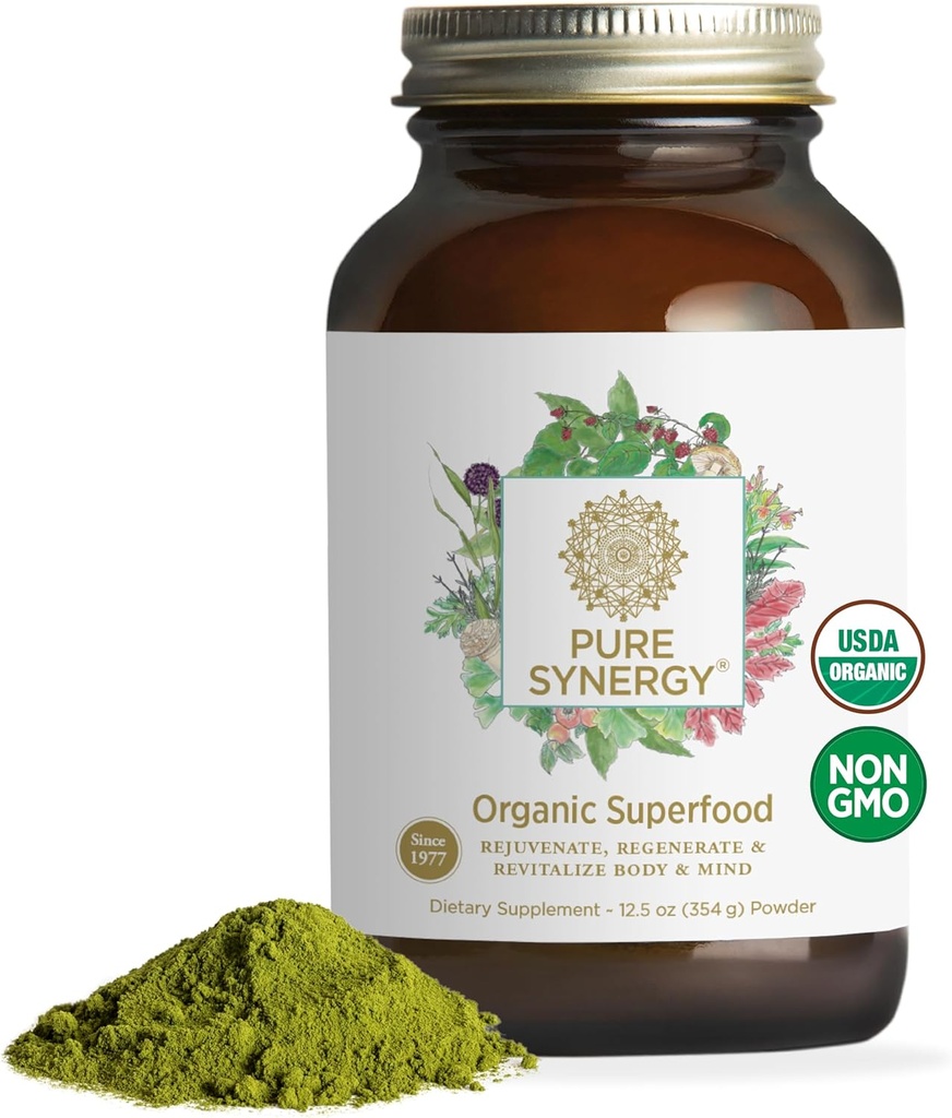 PURE SYNERGY Poudre de super-aliments biologique de la poudre de super-aliments vert de la poudre de nourriture entière avec les verts biologiques, la spiruline et les champignons de l'énergie, le vieillissement en santé et la santé immunitaire (12,5 oz)