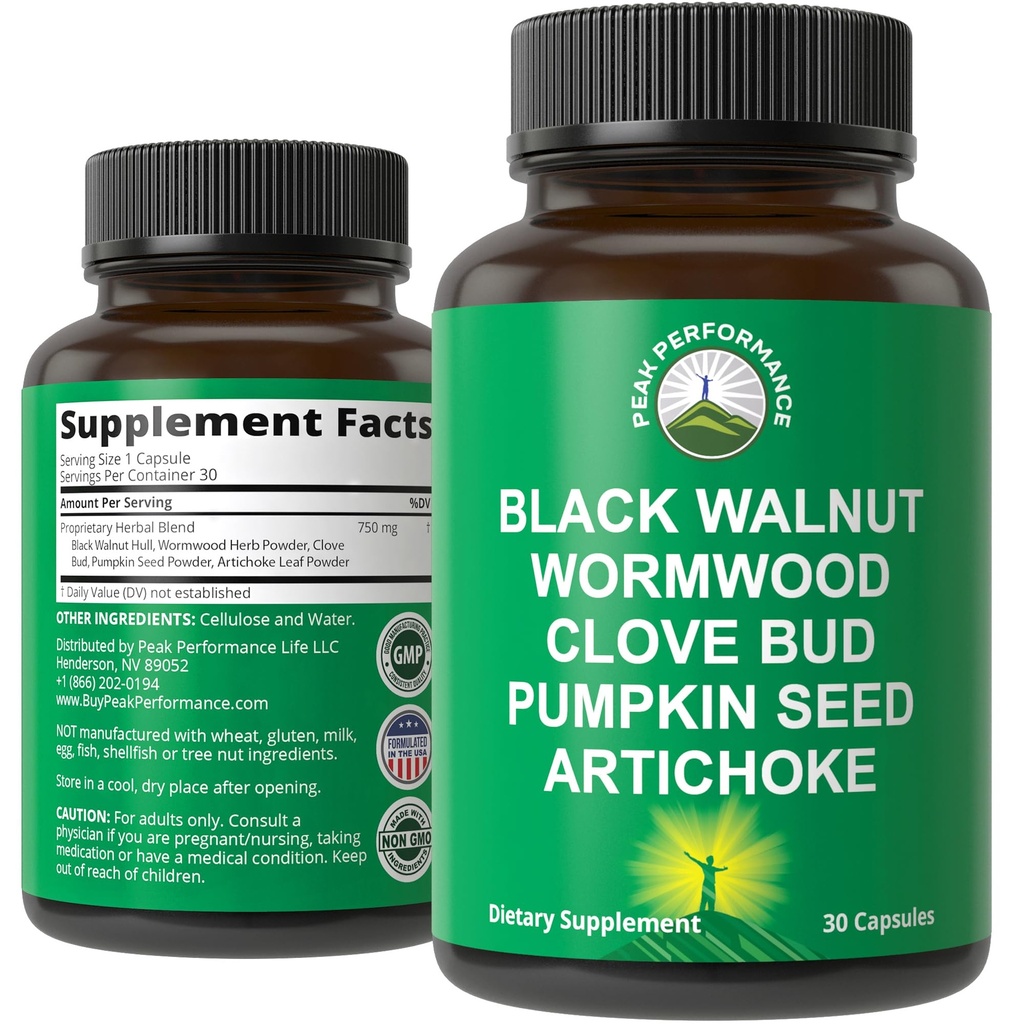 Wormwood Noyer noir Nettoyant pour les humains. Élimination Detox + Capsules de soutien intestinal Supplément pour adultes et enfants. Pills avec des graines d'artichaut et de citrouille pour des avantages supplémentaires