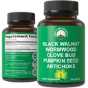 Wormwood Noyer noir Nettoyant pour les humains. Élimination Detox + Capsules de soutien intestinal Supplément pour adultes et enfants. Pills avec des graines d'artichaut et de citrouille pour des avantages supplémentaires
