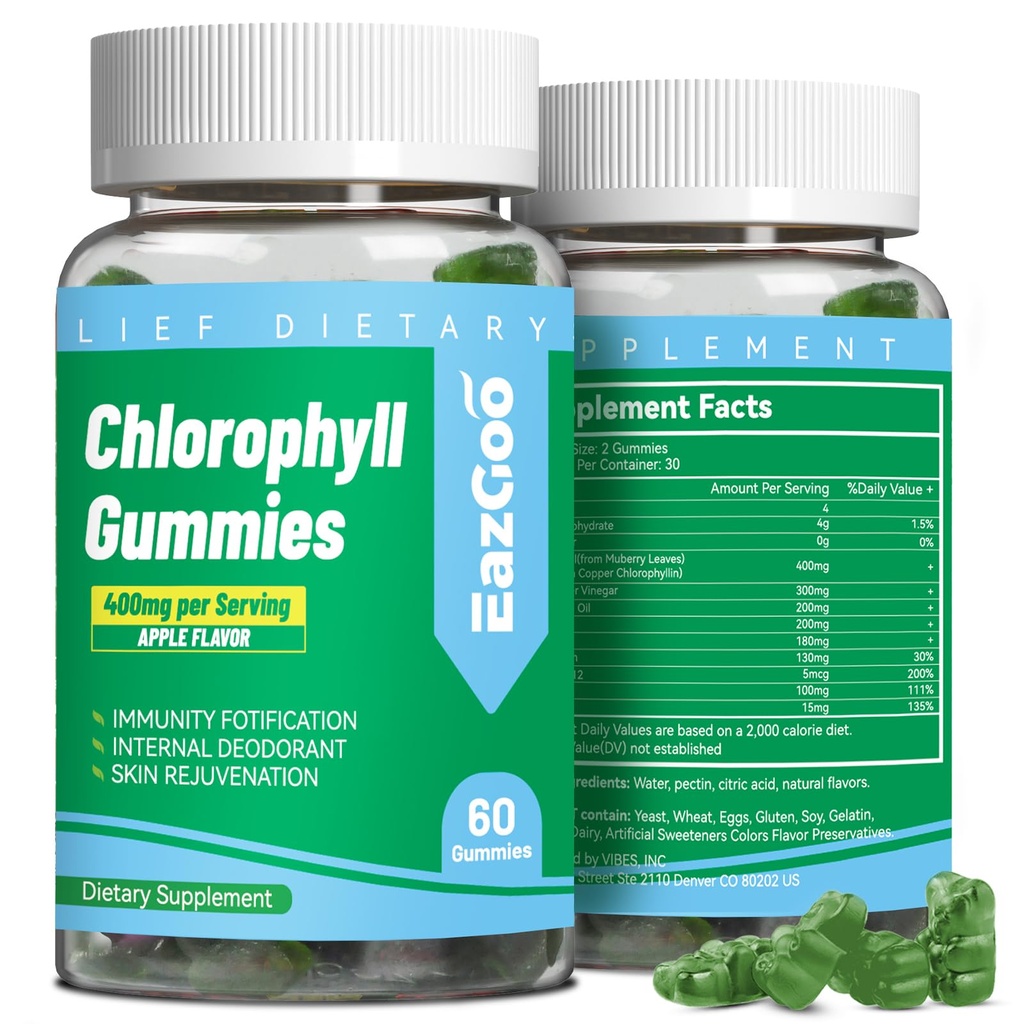 Sugar Free Chlorophyll Gummies, Vitamin B12 Zinc - Natural Deodorant*, Supports Healthy Skin & Body Detox*, Immune & Digestion Support, Chewable Chlorophyll Supplement for Women - 60 Count