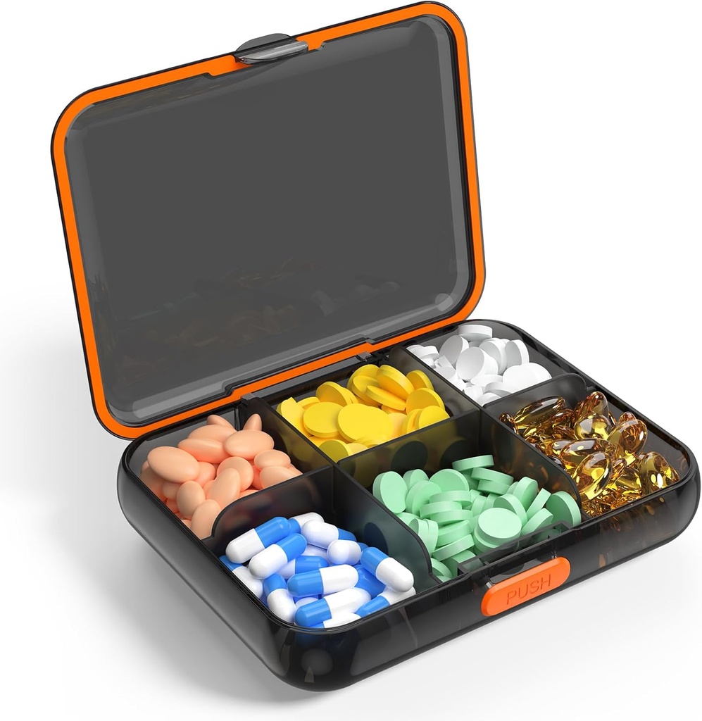 Grandes pilules de voyage Organisateur Distributeur portable Pilule résistant à l'humidité Cas pour les vitamines Médicaments Huile de poisson Suppléments 6 Compartiment Pill Box Diviseurs amovibles (noir)