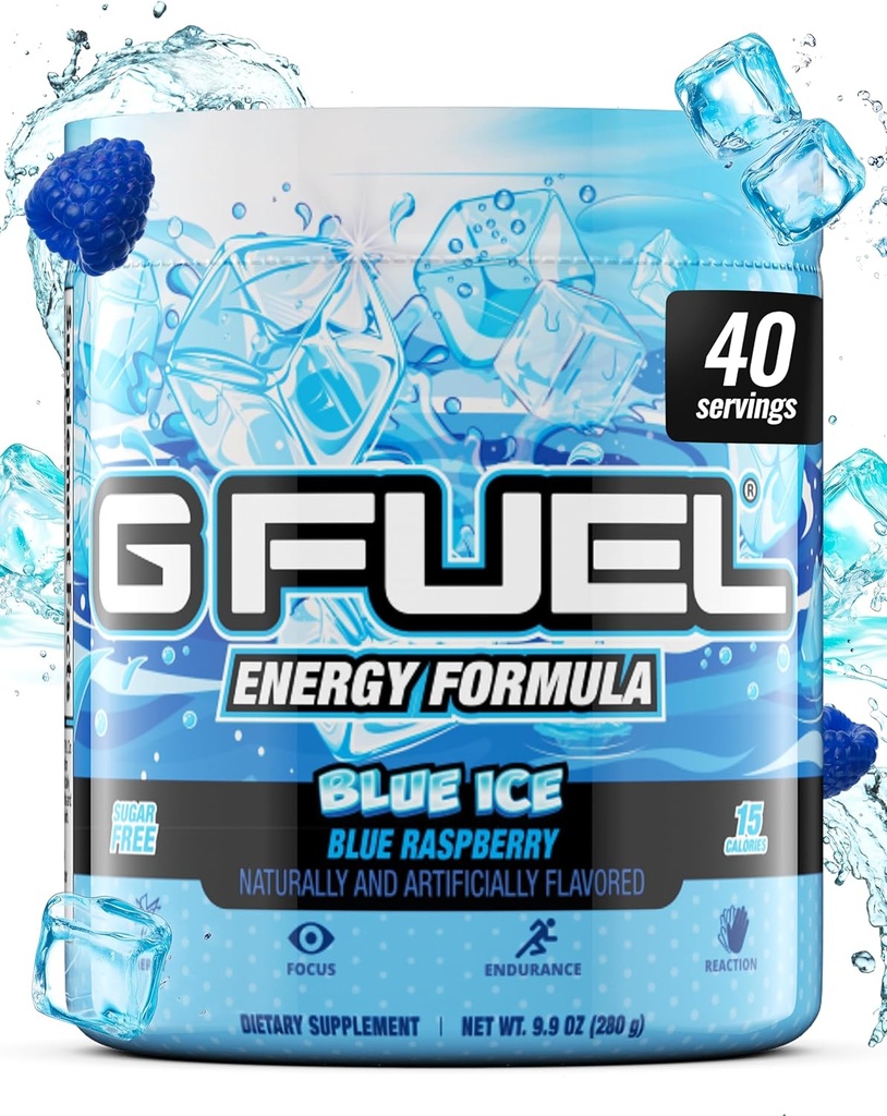 G Carburant Blue Ice Energy Drink Poudre, Pré-entraînement Mélange de caféine pour le jeu, sans sucre Focus Amino, Vitamine + Antioxydants, 9,9 oz (framboise bleue, 40 portions)